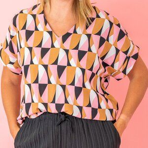 Geo Print V-Neck Short-Sleeved Blouse - Pink, Tan, Black & White, Size M